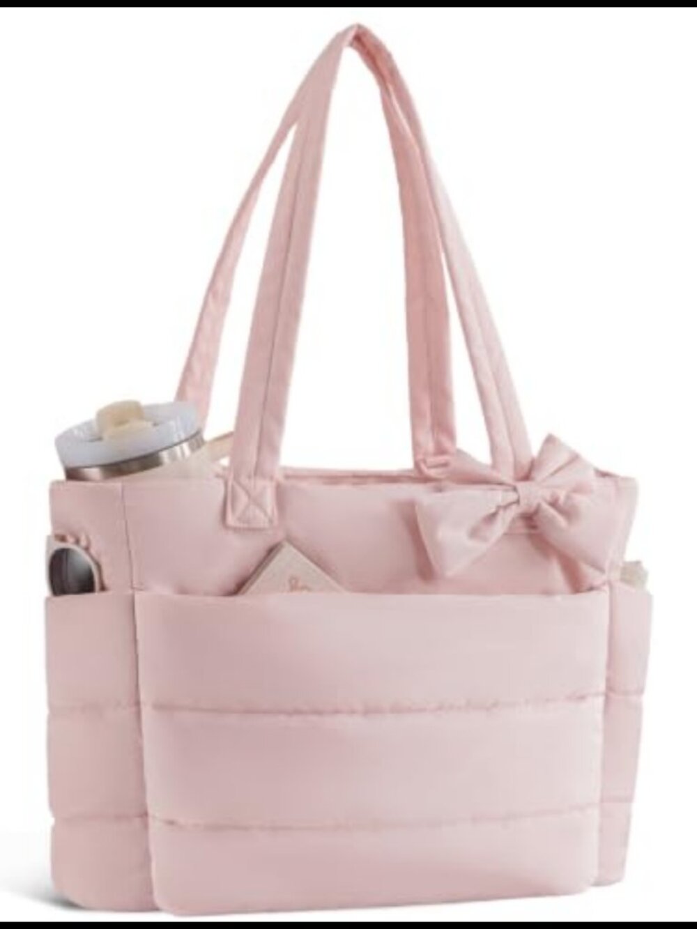 Quilted Puffer Tote Bag with Cup Holder Laptop Compartment Work Travel